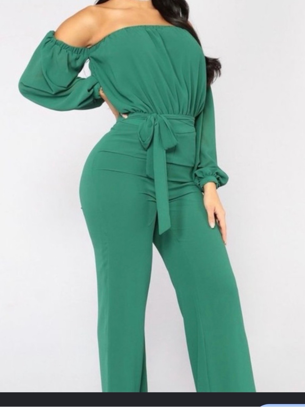 Fashion Nova Emerald Off-Shoulder Belted Jumpsuit